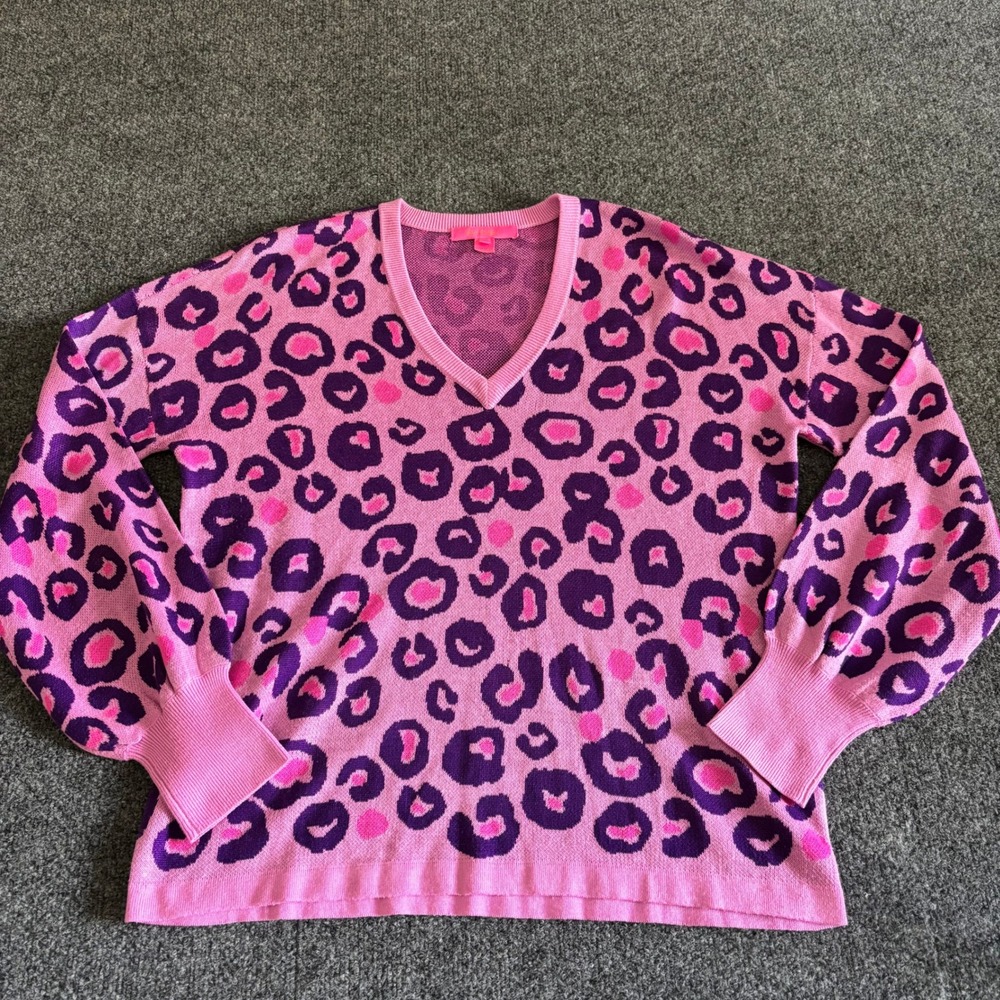 Lilly Pulitzer Pink Purple Leopard V-Neck Sweater Size L 007186